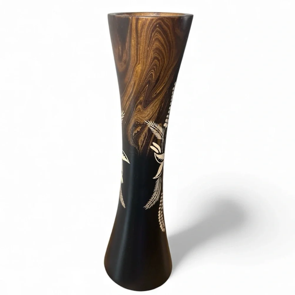Thailand Art Hand Carved Tropical Flower Cylindrical Mango Wood Vase, [14-inch]